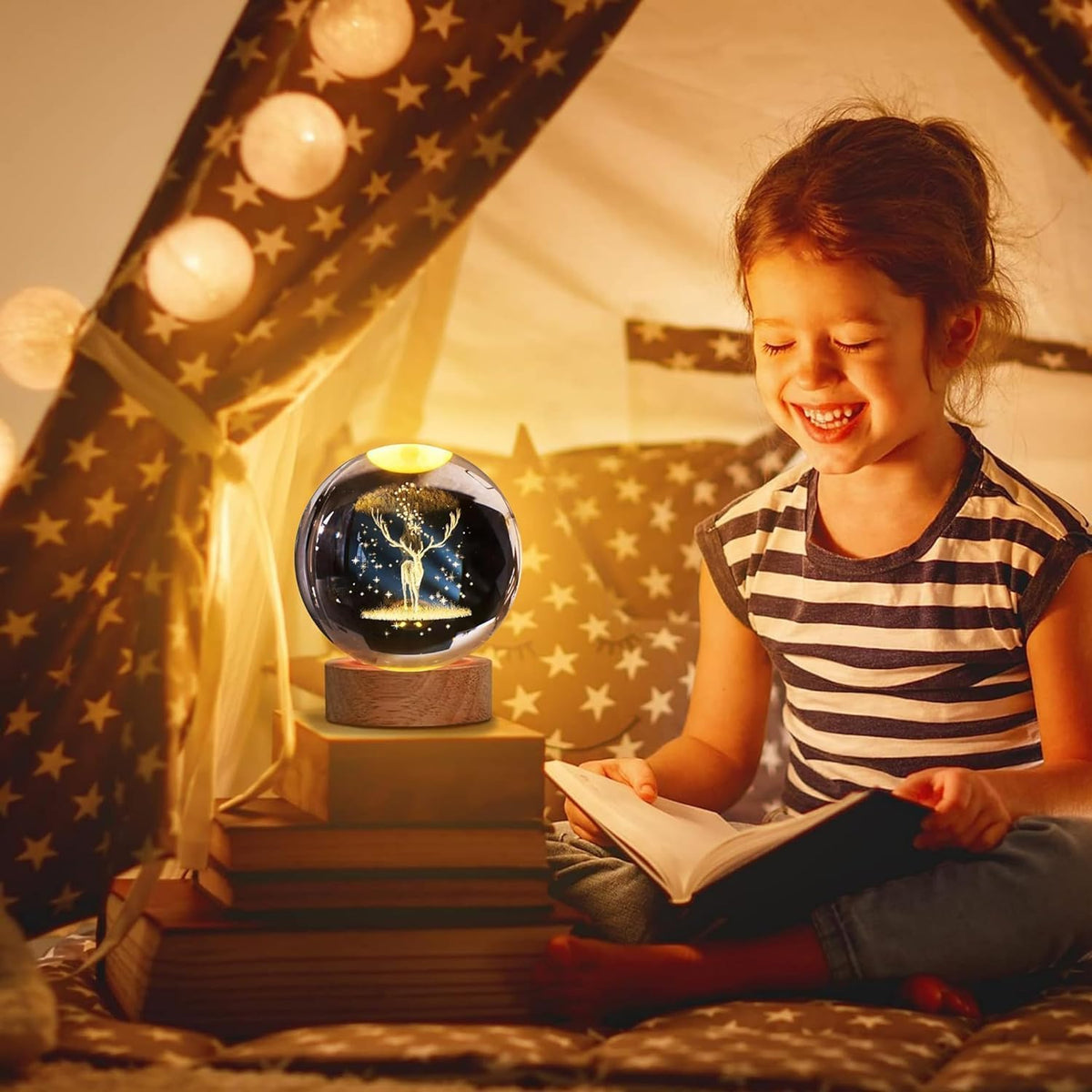 3D Galaxy Crystal Ball Night Light | Dimmable Engraved LED Glass Ball (Deer)