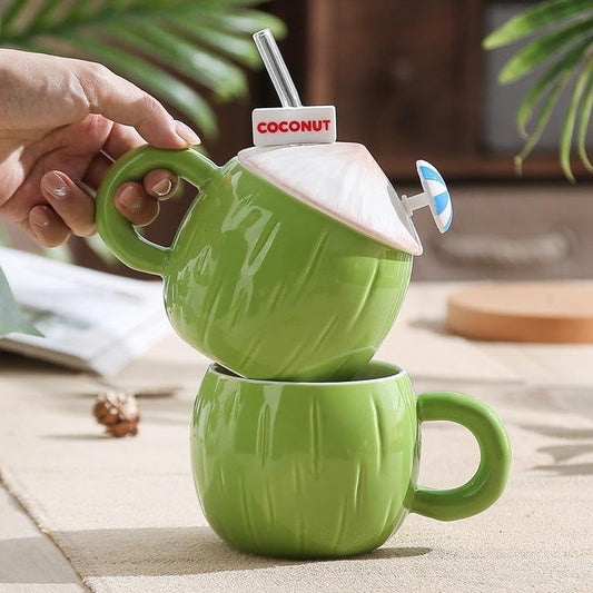 Coconut Shaped Ceramic Mug with Lid & Straw