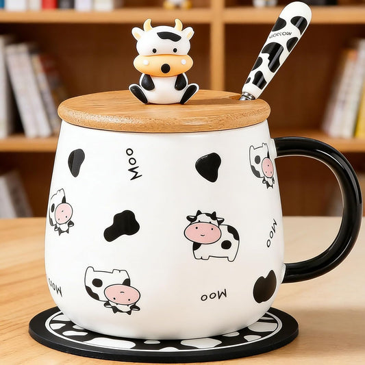 Cute Cow Coffe Mug with Lid and Spoon Cows Print Stuff Gift 400ml